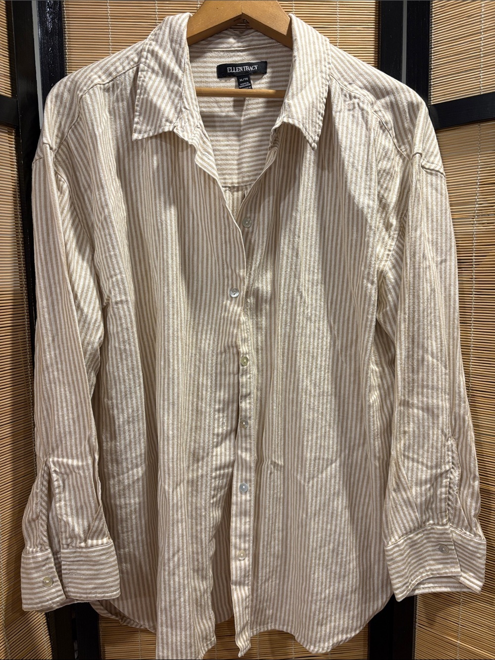 Ellen Tracy Beige and White Striped Button-Down Shirt
